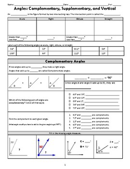 Preview of Complementary, Supplementary, and Vertical Angles (Study Guide)