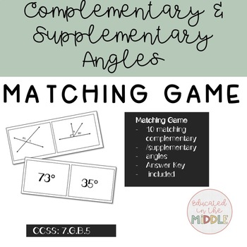 Preview of Free: Complementary and Supplementary Angles Matching Game