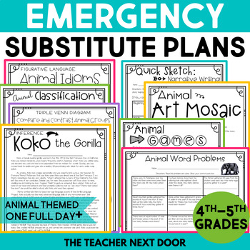 Preview of Emergency Substitute Plans for 4th - 5th grades - Animal-Themed Sub Plans