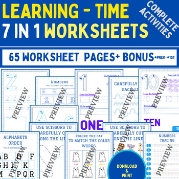Preview of Complete 7 in 1 Activity Book - 65 Pages Challenge Worksheet - #PreK to #1st