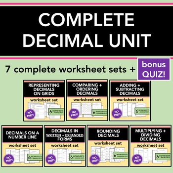 Preview of Complete Decimals Unit + Quiz | Set of 7 Decimals Skills | Math Centers