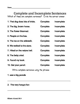 complete incomplete sentences packet by karen almond tpt