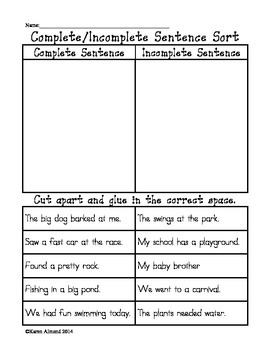 Complete / Incomplete Sentences Packet by Karen Almond | TpT