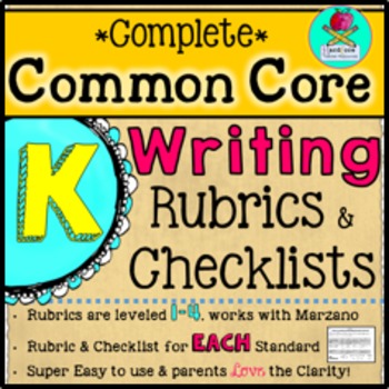 Preview of Complete KINDERGARTEN Common Core Writing Rubrics + Checklists