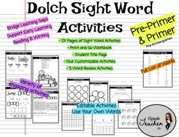 Preview of Complete PrePrimer/Primer Sight Word Activities - NO PREP FULL UNIT - Editable