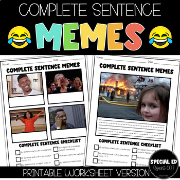 Preview of Complete Sentence Memes -Fun Writing Activity -Printable Version
