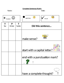 Preview of Complete Sentence Rubric