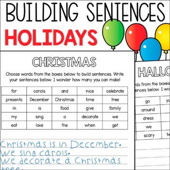 Preview of Holidays Sentence Construction Using Word Banks, Sentence Writing Practice