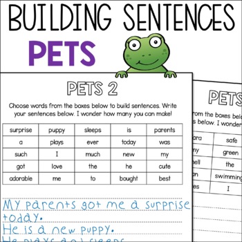 Preview of Pets Sentence Construction With Word Banks, Sentence Writing Practice Worksheets