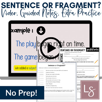 Preview of Complete Sentences or Fragment Grammar Video Lesson, Guided Notes, and Worksheet