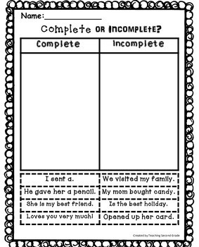 Complete Sentences Activities by Teaching Second Grade | TpT