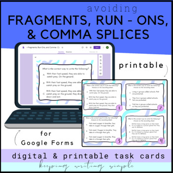 Preview of Fragments, Run-ons, & Comma Splices • Google Form & Print • Digital Task Cards
