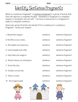 fragment sentence or run on worksheet