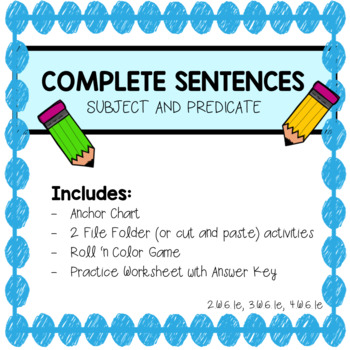 Preview of Complete Sentences Subject Predicate Anchor Chart, Activities, and Games