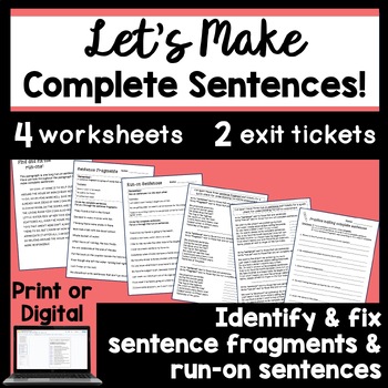Preview of Complete Sentences, run ons, sentence fragment worksheets