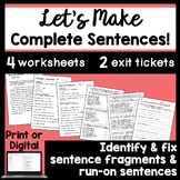 Complete Sentences, run ons, sentence fragment worksheets