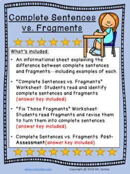 Complete Sentences vs. Fragments Worksheets and Assessment by Mister Syntax