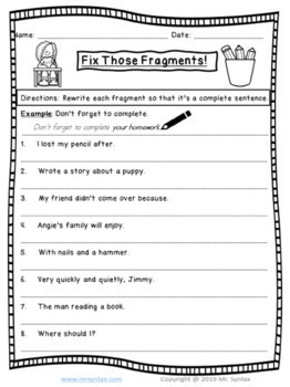 sentence fragment worksheets high school with answers