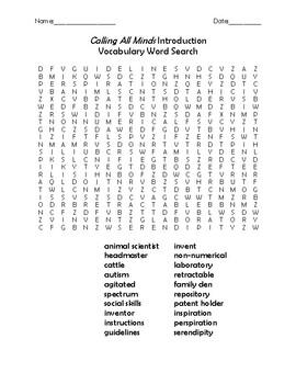 Preview of Complete Set of Vocabulary Word Searches for Calling All Minds by Temple Grandin