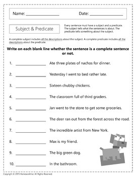 Complete Subject and Predicate Worksheets by Homework Hut | TpT