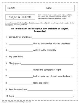 Complete Subject and Predicate Worksheets by Homework Hut | TpT