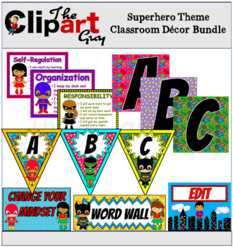 Preview of Complete Superhero Theme Classroom Decor Bundle (Multicultural)