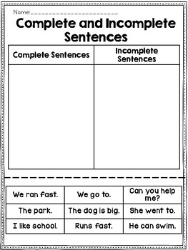 Complete and Incomplete Sentence Sort by Melissa Allen Jones | TpT