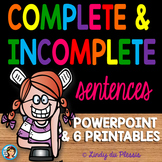 Complete and Incomplete Sentences PowerPoint and Worksheets