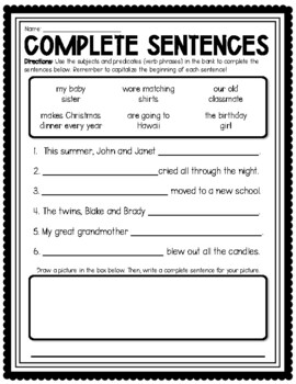 Preview of Complete and Incomplete Sentences - Fill in the Blank Worksheet