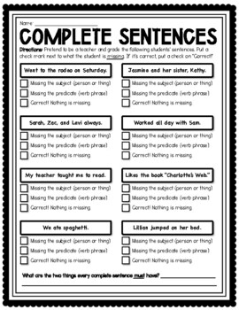 Preview of Complete and Incomplete Sentences - Find What Is Missing Worksheet
