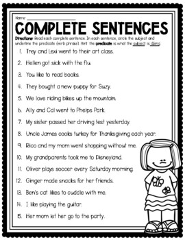 Preview of Complete and Incomplete Sentences - Subject and Predicate Worksheet