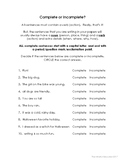 Complete or Incomplete Sentence Worksheet