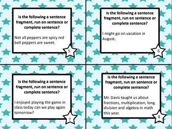 Complete sentences, run on setences and sentence fragment task cards