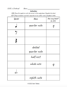 Preview of Complete the Chart! 9 Rhythm Notation Assessments (with Spanish instructions)
