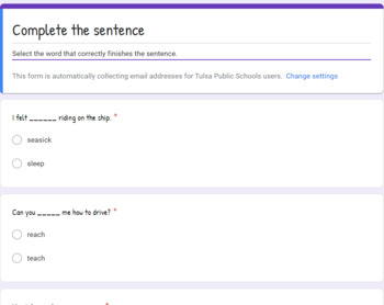 Preview of Complete the Sentence Literary Center Google Forms