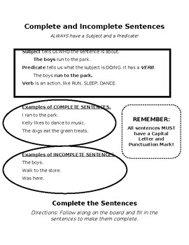 Preview of Complete vs Incomplete Sentences