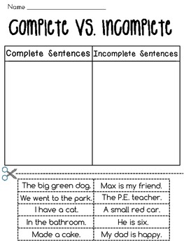 Preview of Complete Sentences and Incomplete Sentences Worksheets for vs Sorting
