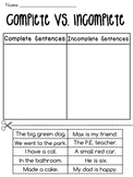 Complete Sentences and Incomplete Sentences Worksheets for