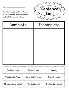 Complete vs. Incomplete sentence sort by Sarah Paul | TpT