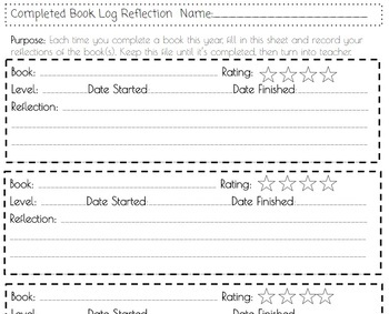 Preview of Completed Book Log Record Sheet with Reflection