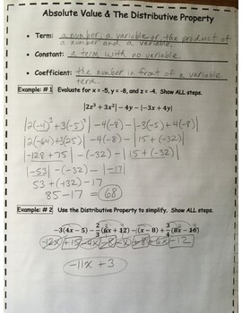 Preview of Completed Notes - Evaluating with Absolute Value and the Distributive Property