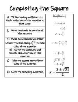 Preview of Completing the Square Step by Step Instructions