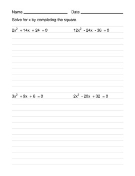 Preview of Completing the Square Worksheet Pack
