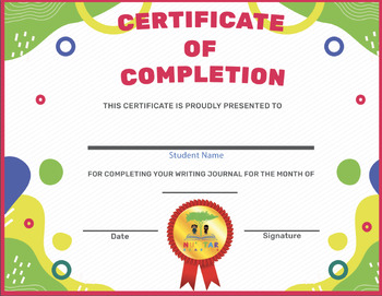 Preview of Completion Certificate - Writing Journal - Printable and Editable PDF