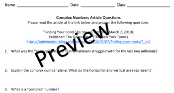 Preview of Complex Numbers Article Questions - Real World Applications Explored