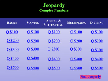 Preview of Complex Number Jeopardy (USE WITH KEYNOTE)