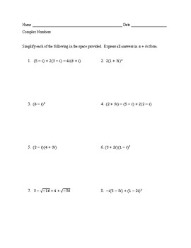 Preview of Complex Numbers Worksheet