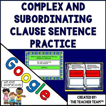 Preview of Complex Sentence Subordinating Clause Task Cards Practice for Google Classroom