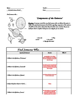 Preview of Components of the Universe...Find Someone Who Worksheet--KEY
