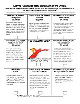 Preview of Components/Objects in the Universe-Learning Menu/Choice Board ONLY-Non-Editable